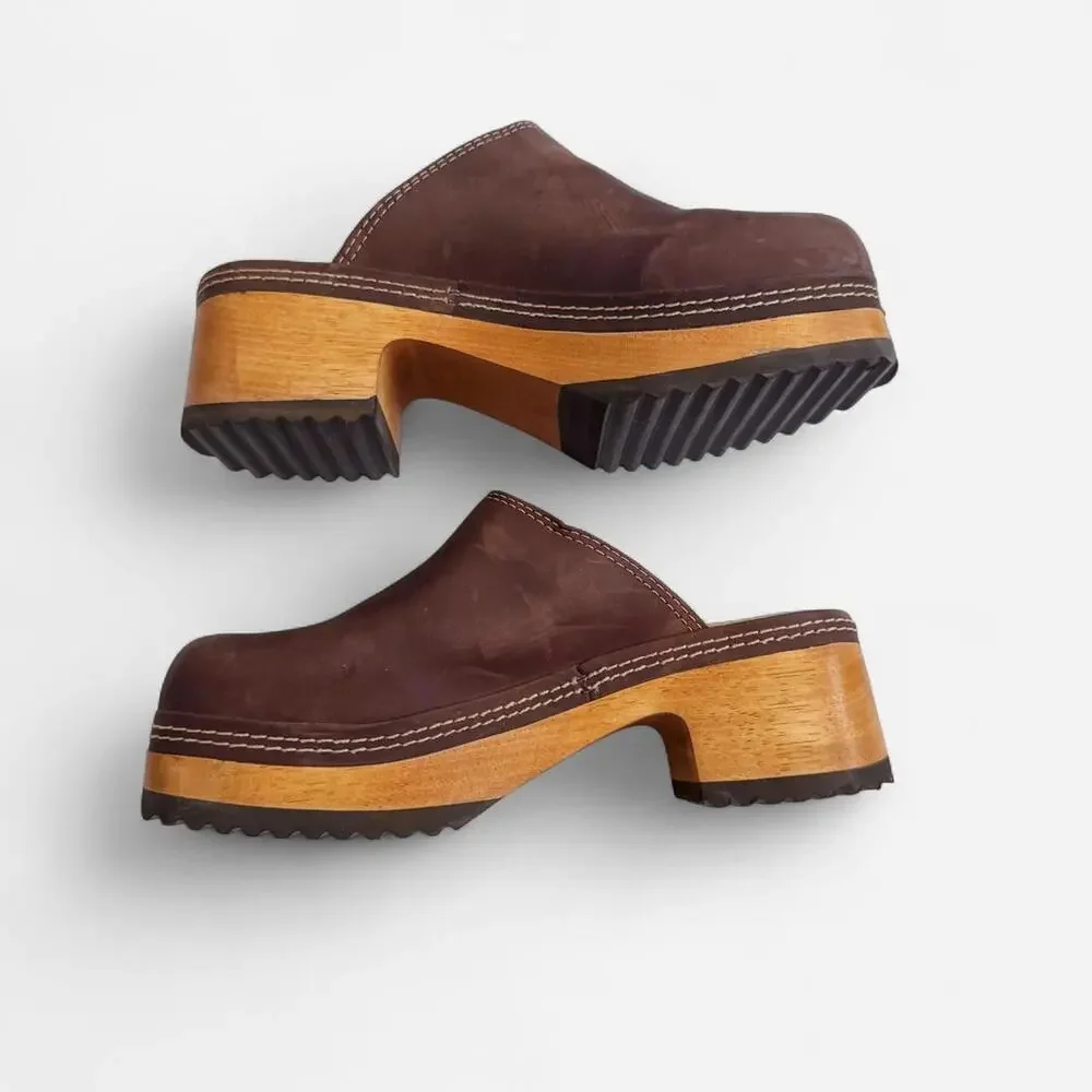 Vintage Candies Brown Leather Platform Clogs - Picture 3 of 7
